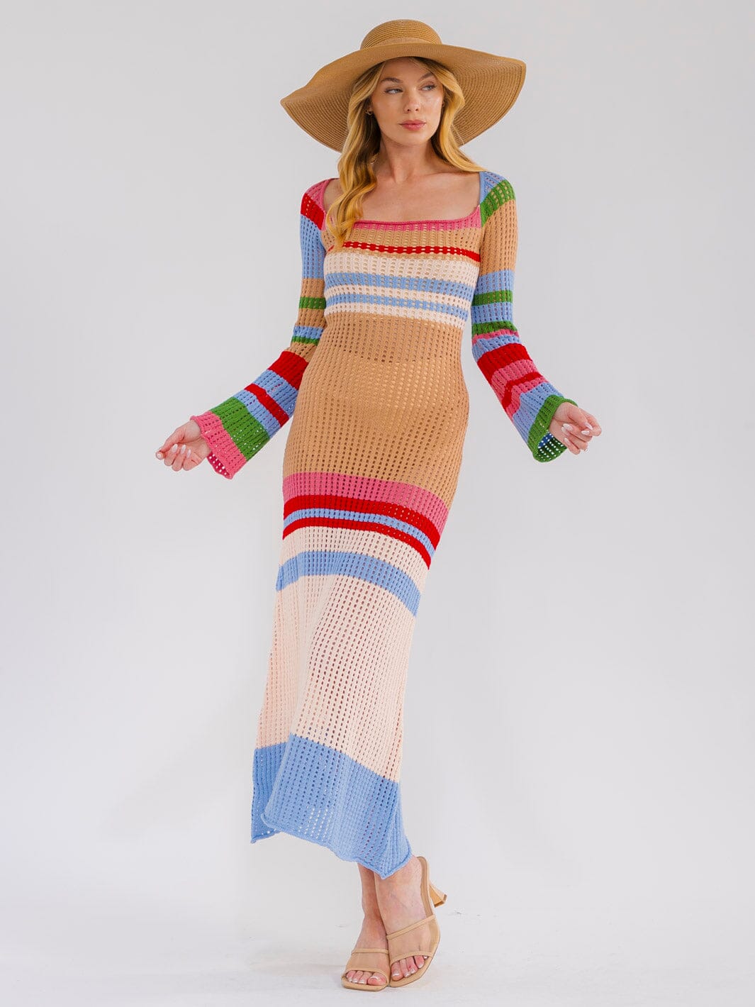 WOMEN'S LONG BELL SLEEVE COLORBLOCK STRIPES KNIT BODYCON MAXI DRESS
