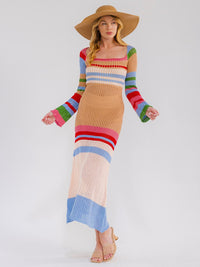 WOMEN'S LONG BELL SLEEVE COLORBLOCK STRIPES KNIT BODYCON MAXI DRESS