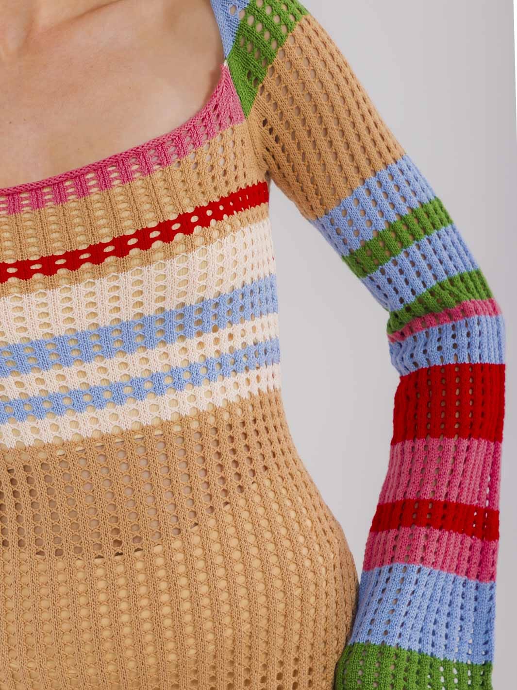 WOMEN'S LONG BELL SLEEVE COLORBLOCK STRIPES KNIT BODYCON MAXI DRESS