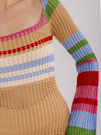 WOMEN'S LONG BELL SLEEVE COLORBLOCK STRIPES KNIT BODYCON MAXI DRESS
