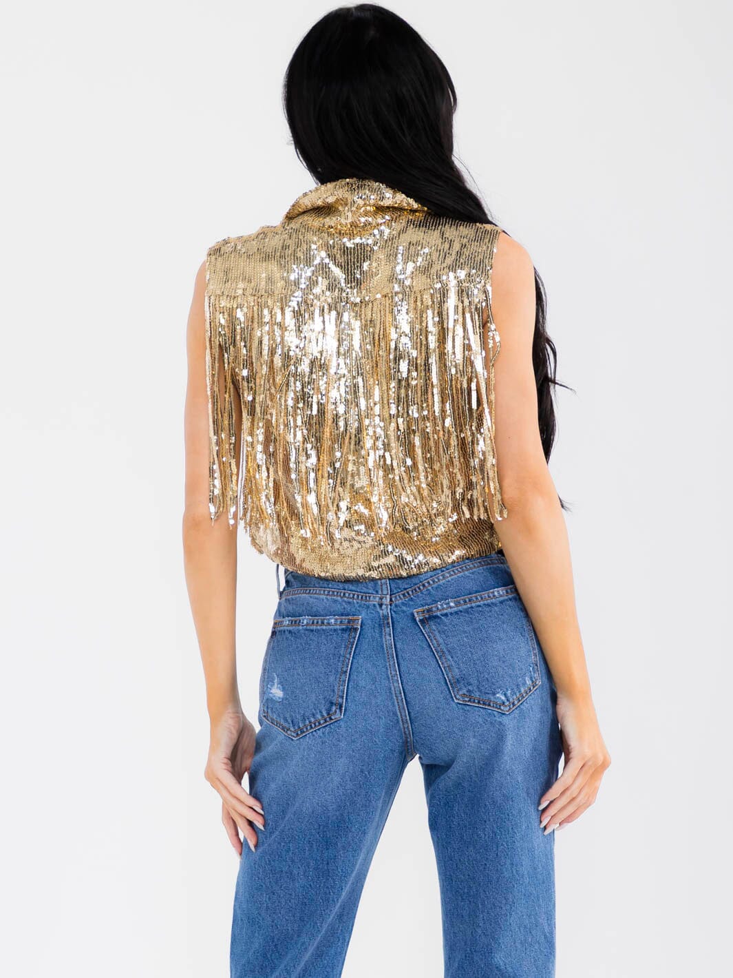 WOMEN'S SLEEVELESS BUTTON CLOSURE SEQUINS FRINGE CROP TOP