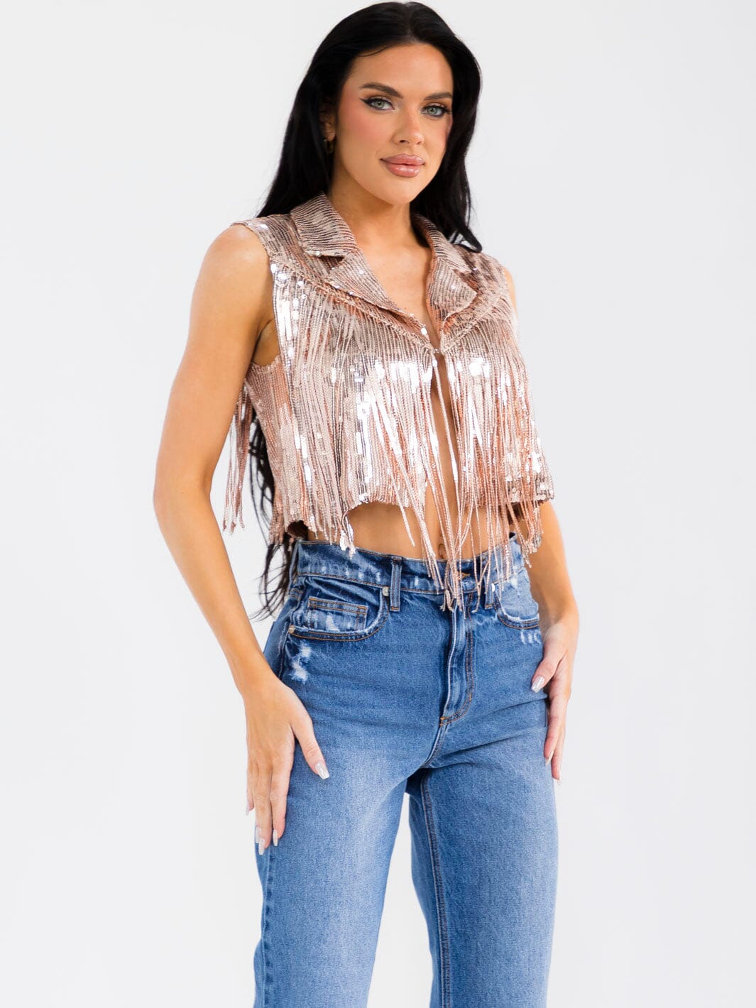 WOMEN'S SLEEVELESS BUTTON CLOSURE SEQUINS FRINGE CROP TOP