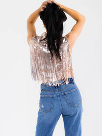 WOMEN'S SLEEVELESS BUTTON CLOSURE SEQUINS FRINGE CROP TOP