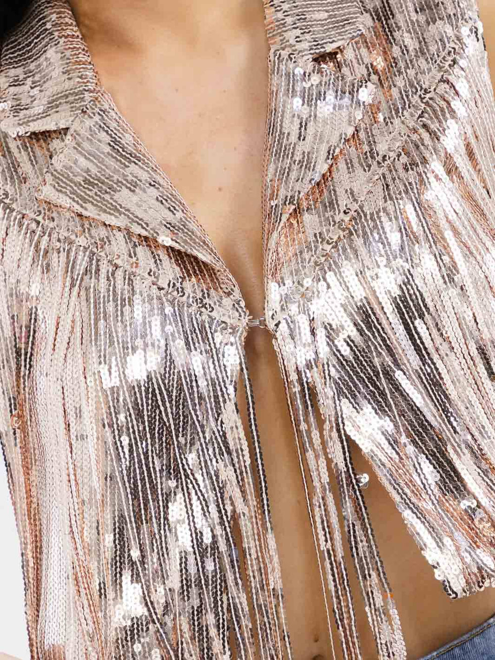 WOMEN'S SLEEVELESS BUTTON CLOSURE SEQUINS FRINGE CROP TOP