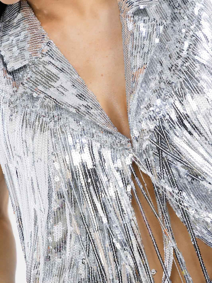 WOMEN'S SLEEVELESS BUTTON CLOSURE SEQUINS FRINGE CROP TOP