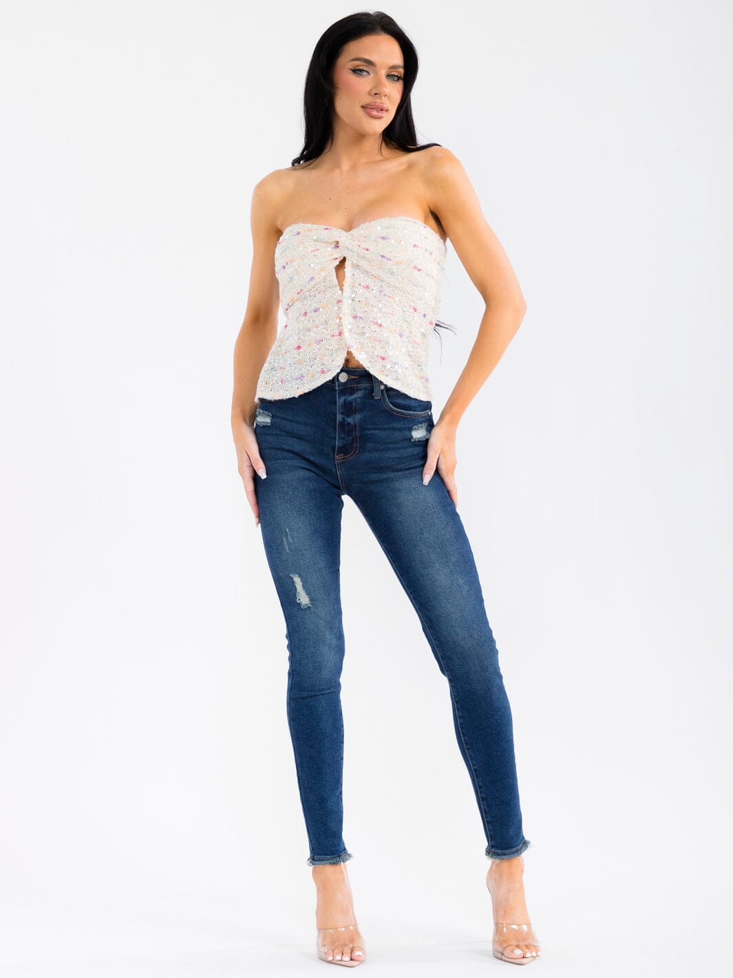 WOMEN'S SLEEVELESS FRONT TWIST MULTI SEQUINS TUBE TOP