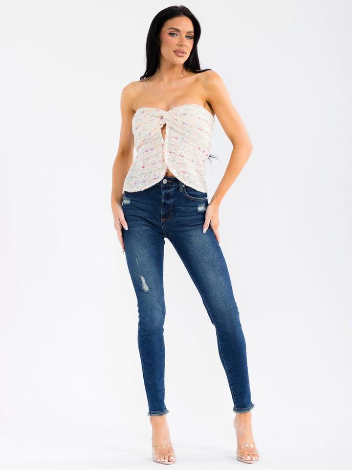 WOMEN'S SLEEVELESS FRONT TWIST MULTI SEQUINS TUBE TOP