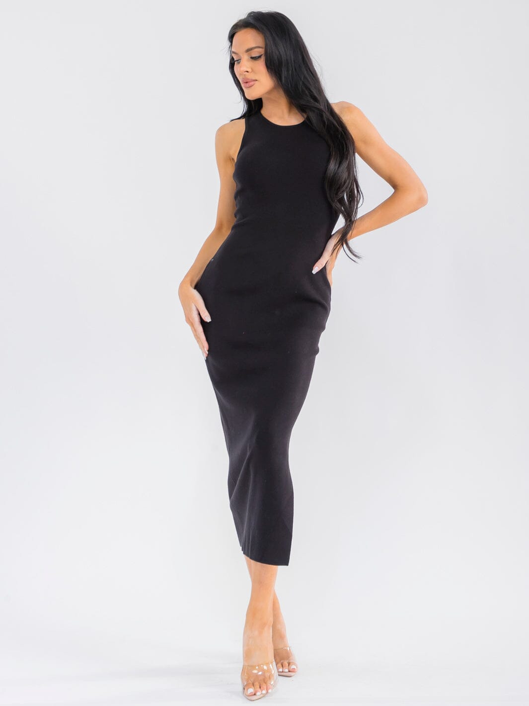 WOMEN'S SLEEVELESS SIDE SLIT BODYCON RIBBED MAXI DRESS