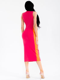 WOMEN'S SLEEVELESS MOCK NECK BODYCON RIBBED COLORBLOCK MAXI DRESS
