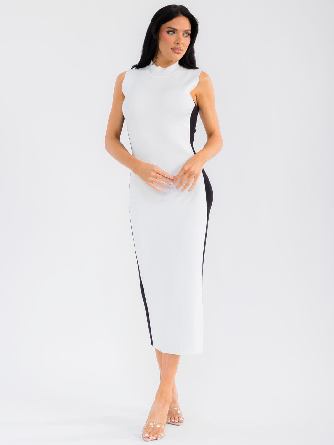 WOMEN'S SLEEVELESS MOCK NECK BODYCON RIBBED COLORBLOCK MAXI DRESS