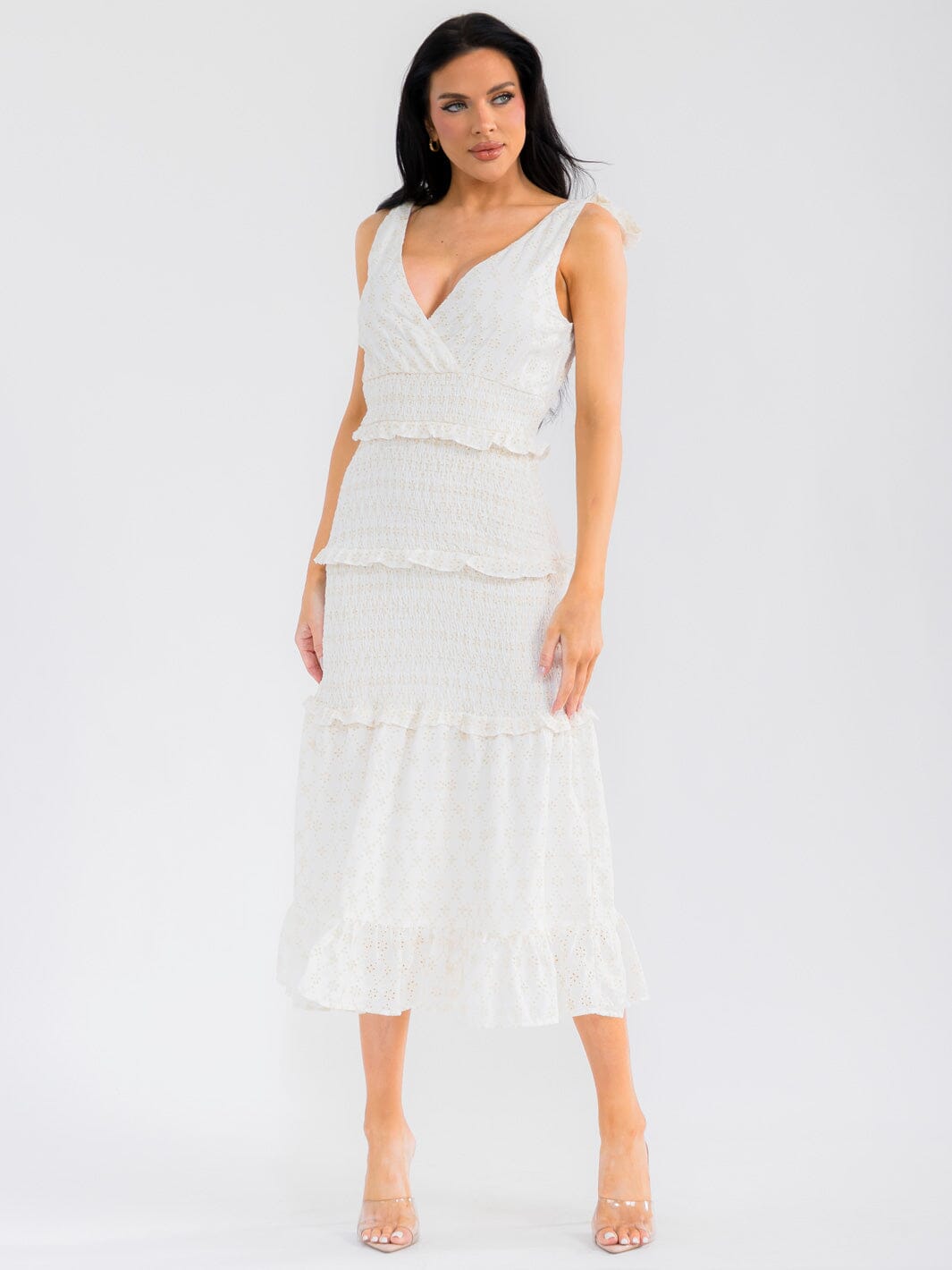WOMEN'S SLEEVELESS SURPLICE TIERED SMOCK EYELET BODYCON MAXI DRESS