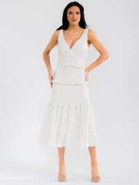 WOMEN'S SLEEVELESS SURPLICE TIERED SMOCK EYELET BODYCON MAXI DRESS