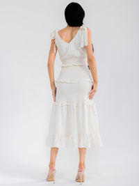 WOMEN'S SLEEVELESS SURPLICE TIERED SMOCK EYELET BODYCON MAXI DRESS