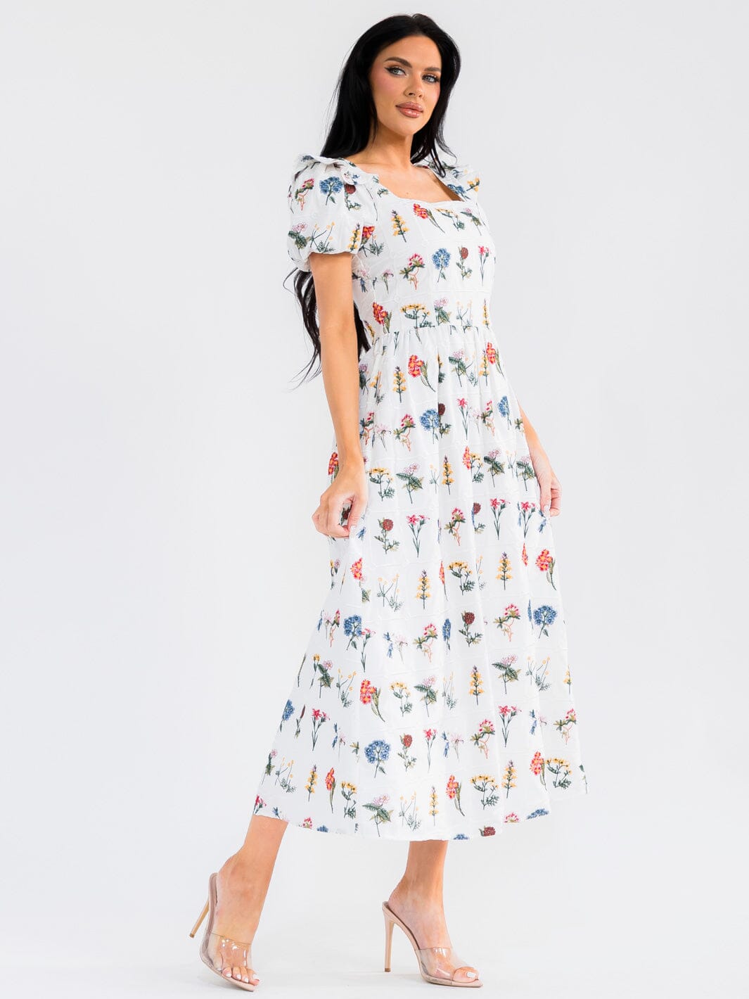 WOMEN'S SHORT PUFF SLEEVE SQUARE NECK EMBROIDERY FLORAL MAXI DRESS