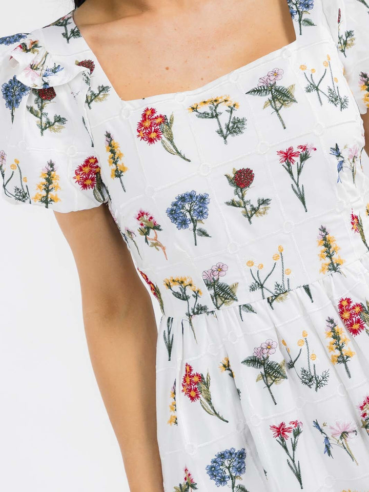 WOMEN'S SHORT PUFF SLEEVE SQUARE NECK EMBROIDERY FLORAL MAXI DRESS