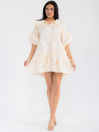 WOMEN'S SHORT PUFF SLEEVE BUTTON UP FRONT POCKETS TUNIC MINI DRESS