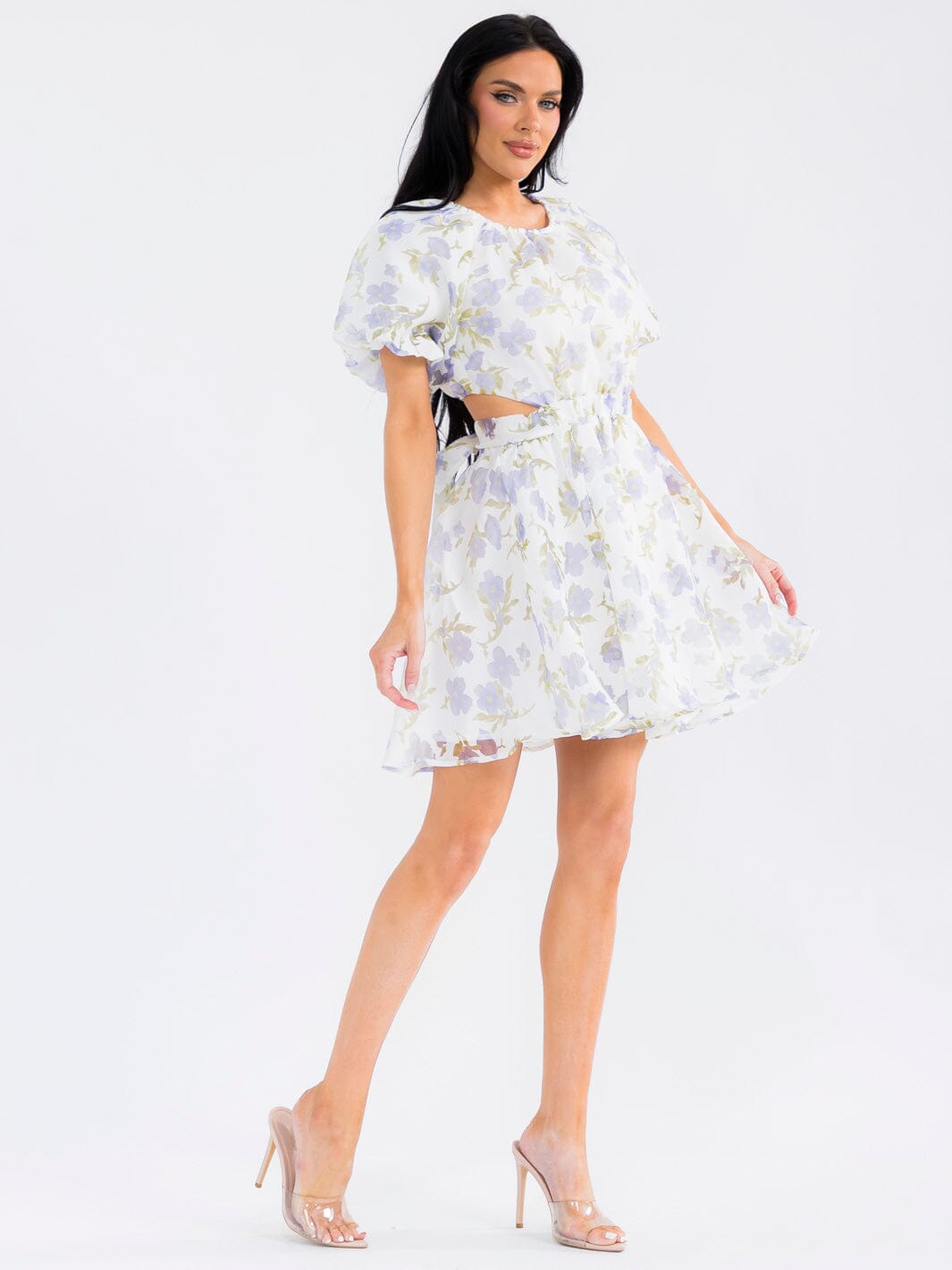 WOMEN'S SHORT PUFF SLEEVE ELASTIC WAIST BACK CUT OUT FLORAL MINI DRESS