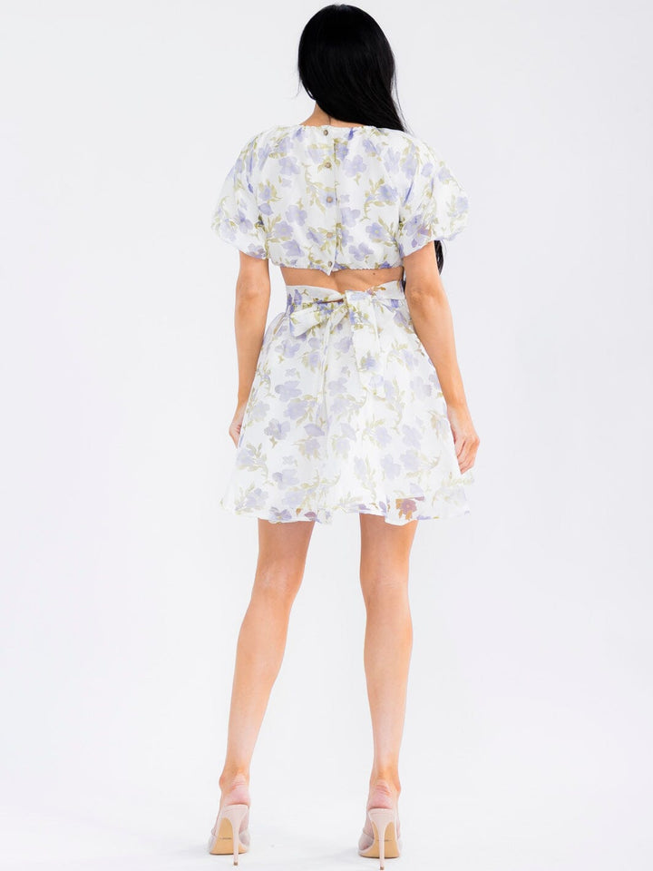 WOMEN'S SHORT PUFF SLEEVE ELASTIC WAIST BACK CUT OUT FLORAL MINI DRESS