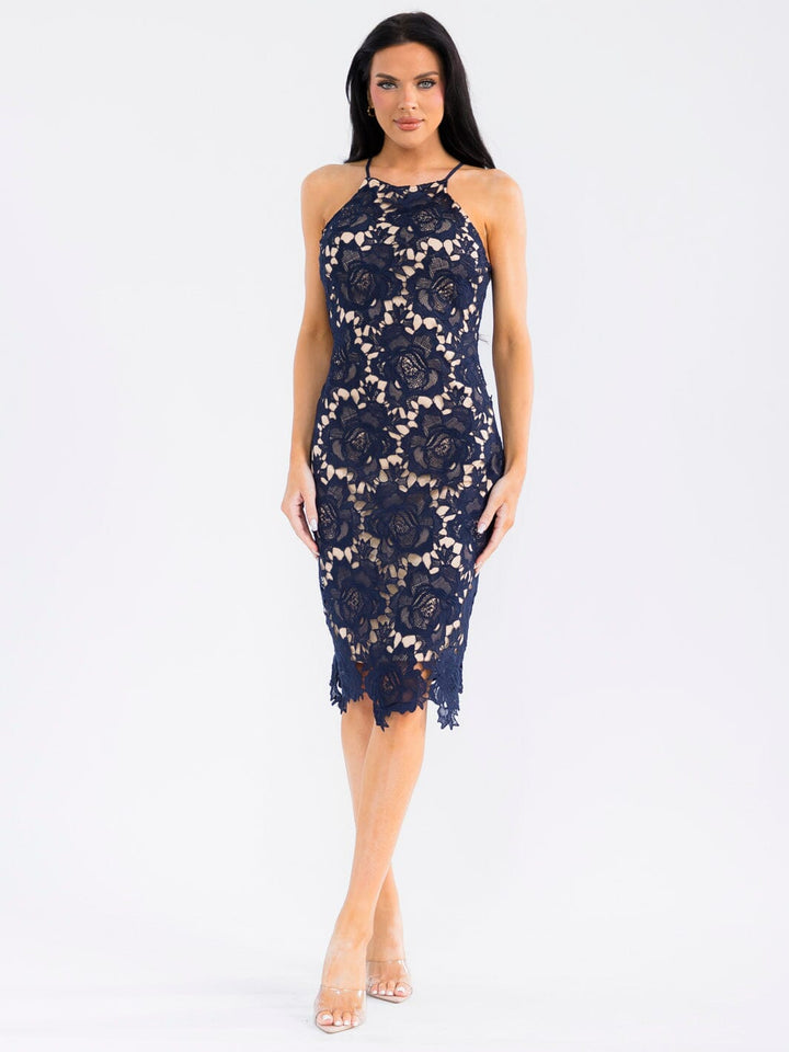 WOMEN'S SLEEVELESS HALTER NECK CROCHET MIDI DRESS