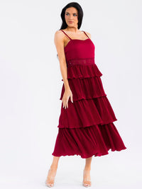 WOMEN'S SLEEVELESS LACE DETAILED RUFFLE TIERED PLEATED MAXI DRESS