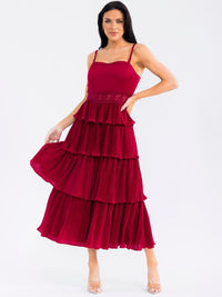 WOMEN'S SLEEVELESS LACE DETAILED RUFFLE TIERED PLEATED MAXI DRESS