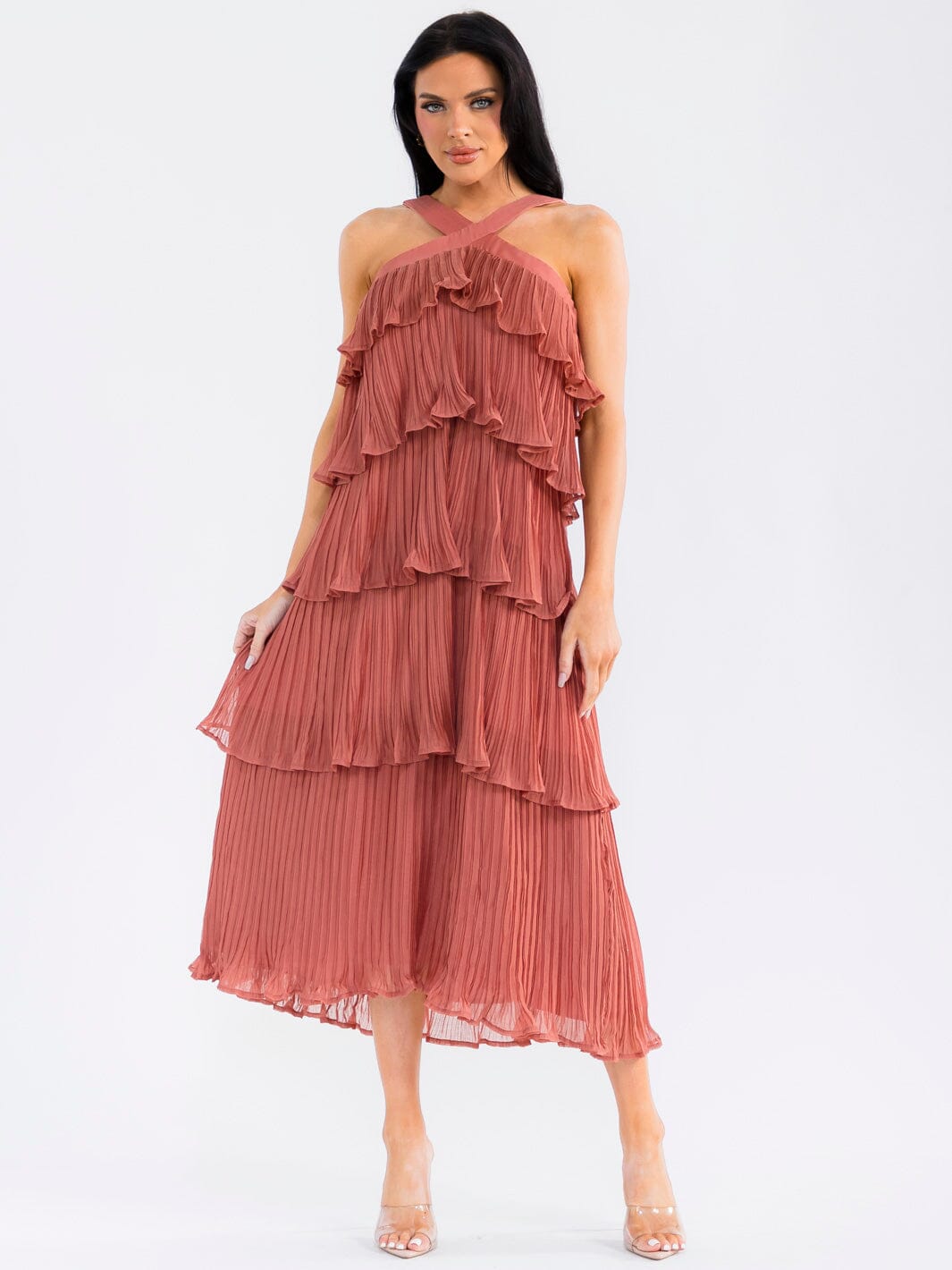 WOMEN'S SLEEVELESS HALTER NECK RUFFLE TIERED PLEATED MAXI DRESS