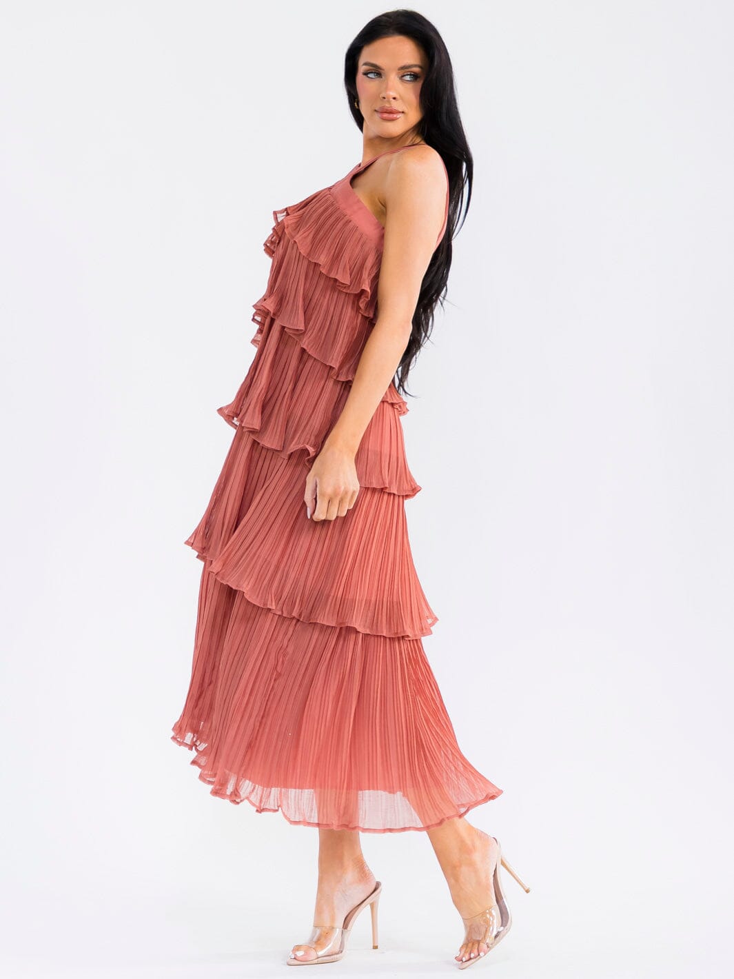WOMEN'S SLEEVELESS HALTER NECK RUFFLE TIERED PLEATED MAXI DRESS