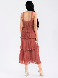 WOMEN'S SLEEVELESS HALTER NECK RUFFLE TIERED PLEATED MAXI DRESS
