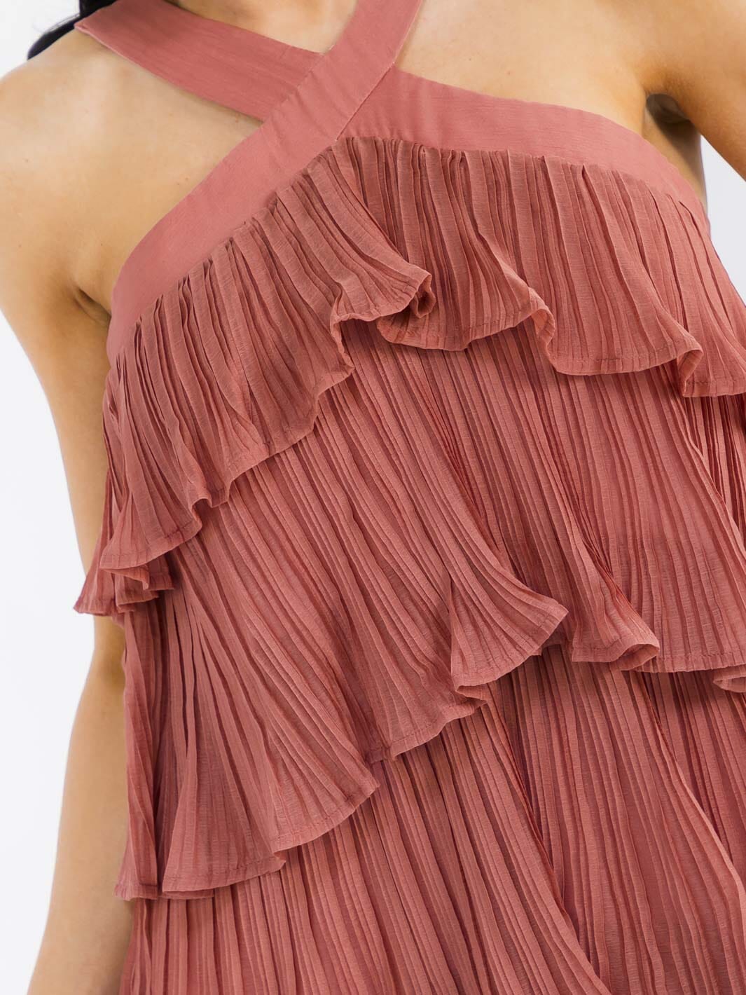 WOMEN'S SLEEVELESS HALTER NECK RUFFLE TIERED PLEATED MAXI DRESS