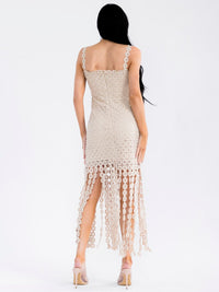 WOMEN'S SLEEVELESS BODYCON FRINGE HEM CROCHET MIDI DRESS
