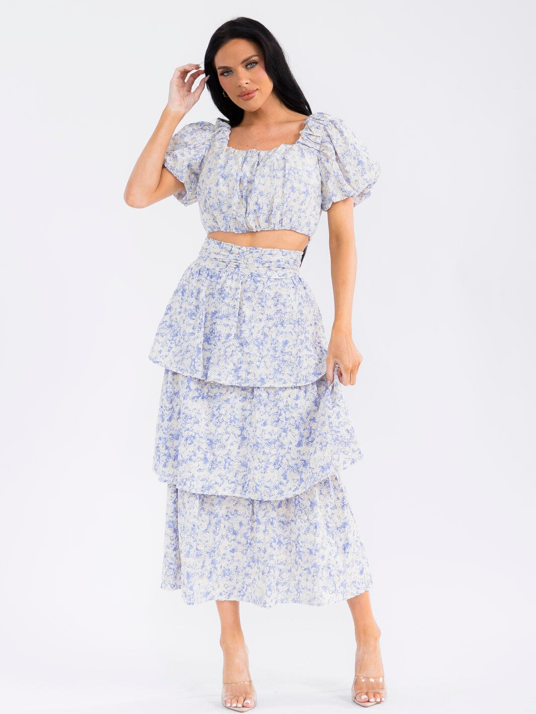 WOMEN'S SHORT SLEEVE SMOCK CROP TOP & ZIP UP TIERED MAXI SKIRT FLORAL 2PC. SET