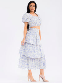 WOMEN'S SHORT SLEEVE SMOCK CROP TOP & ZIP UP TIERED MAXI SKIRT FLORAL 2PC. SET