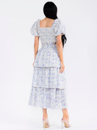 WOMEN'S SHORT SLEEVE SMOCK CROP TOP & ZIP UP TIERED MAXI SKIRT FLORAL 2PC. SET
