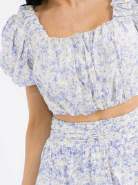 WOMEN'S SHORT SLEEVE SMOCK CROP TOP & ZIP UP TIERED MAXI SKIRT FLORAL 2PC. SET