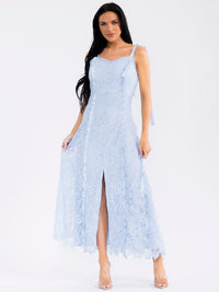 WOMEN'S SLEEVELESS V-NECK FRONT SLIT CROCHET MAXI DRESS