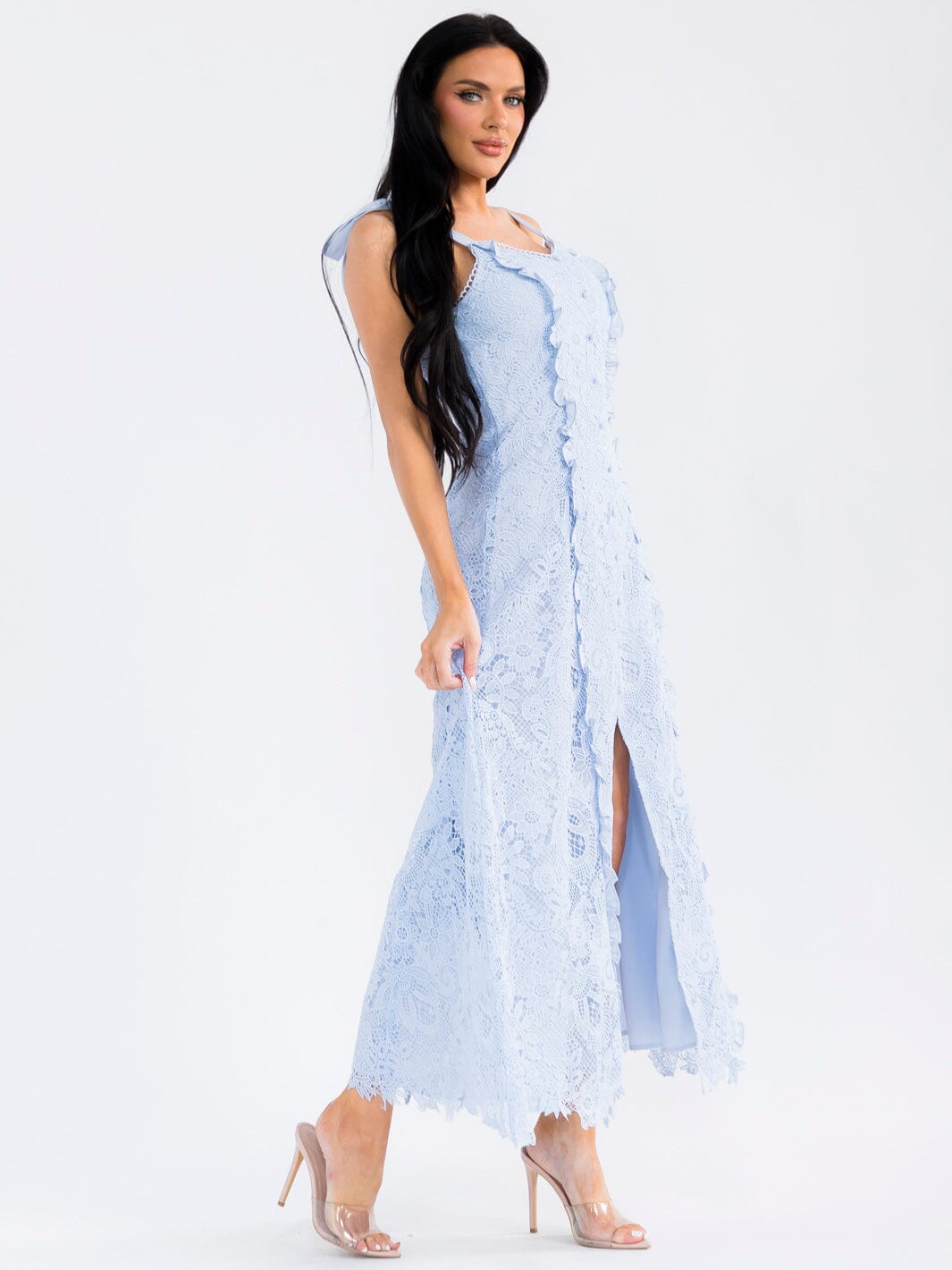 WOMEN'S SLEEVELESS V-NECK FRONT SLIT CROCHET MAXI DRESS