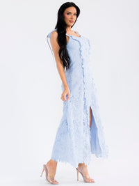 WOMEN'S SLEEVELESS V-NECK FRONT SLIT CROCHET MAXI DRESS