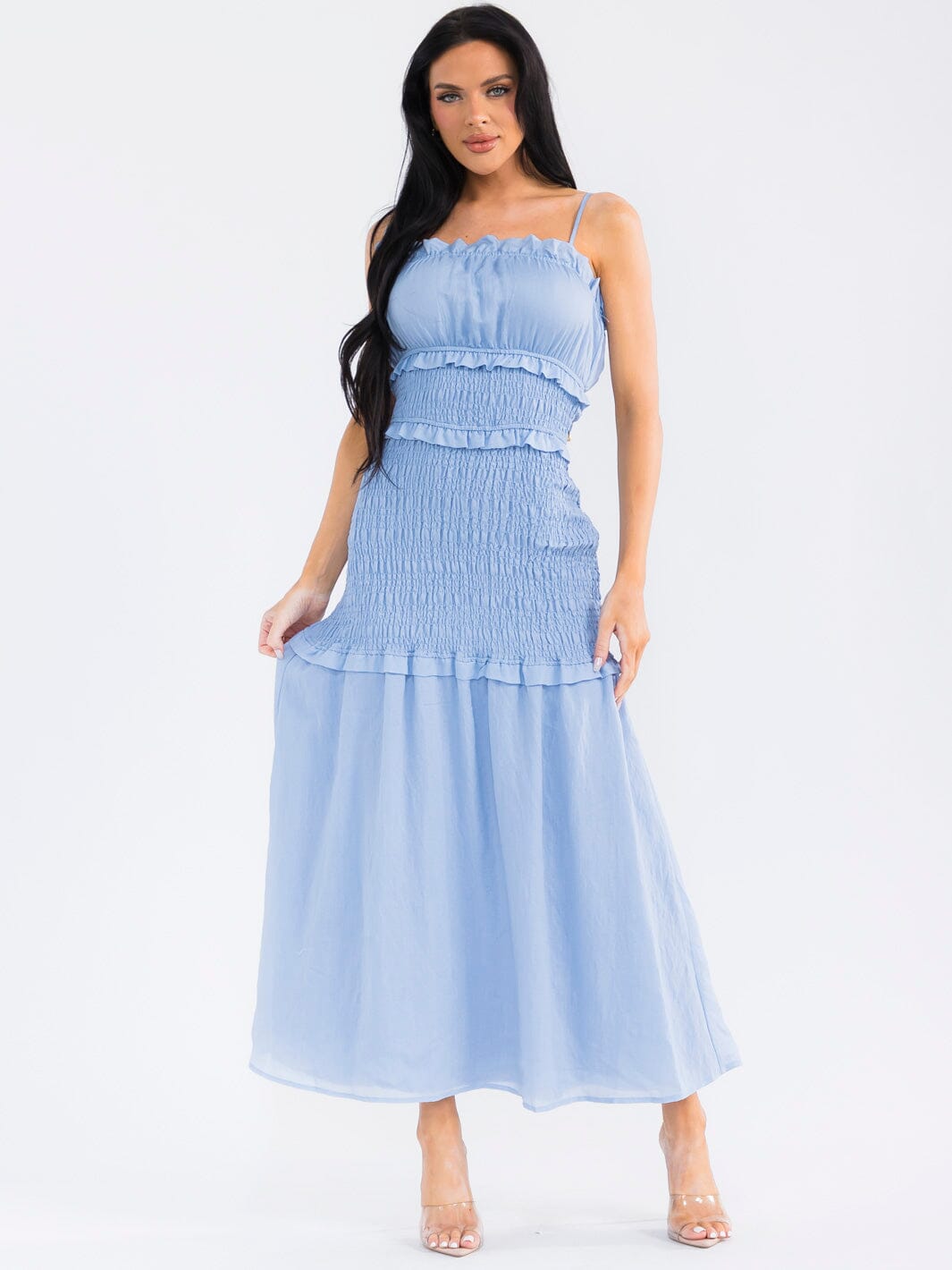 WOMEN'S SLEEVELESS TIERED SMOCK BODYCON MAXI DRESS