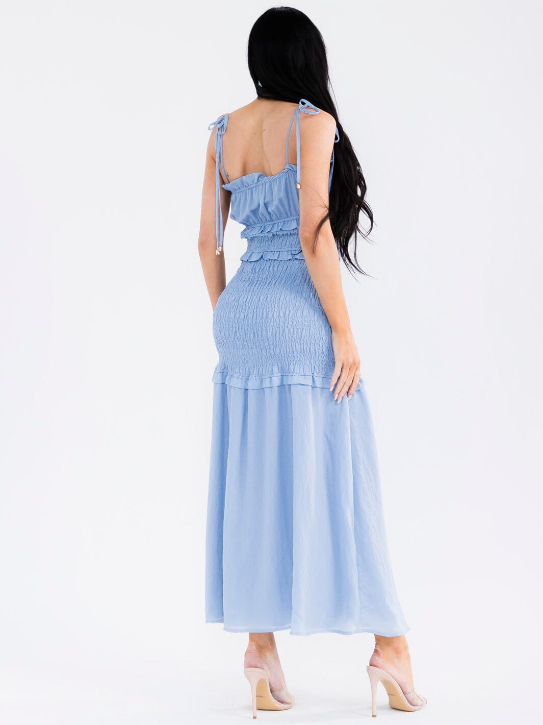 WOMEN'S SLEEVELESS TIERED SMOCK BODYCON MAXI DRESS
