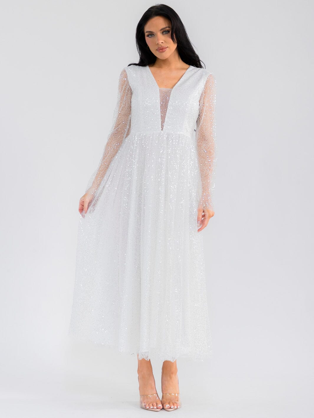 WOMEN'S LONG SLEEVE V-NECK MESH SEQUINS MAXI DRESS
