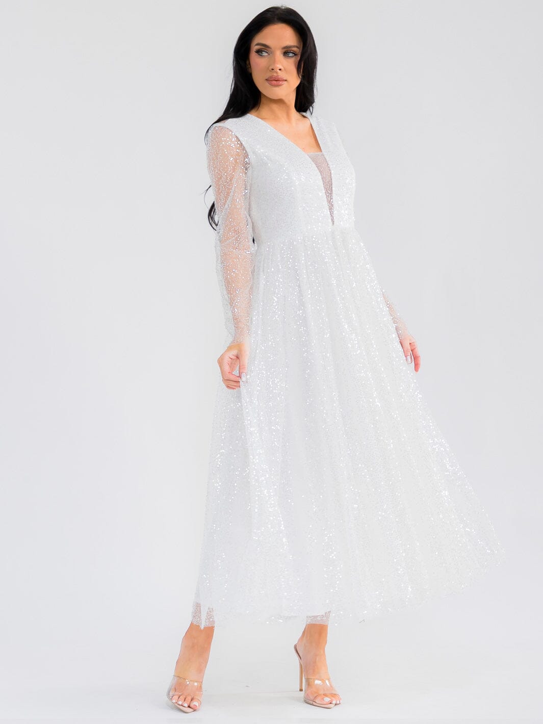 WOMEN'S LONG SLEEVE V-NECK MESH SEQUINS MAXI DRESS