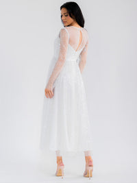 WOMEN'S LONG SLEEVE V-NECK MESH SEQUINS MAXI DRESS