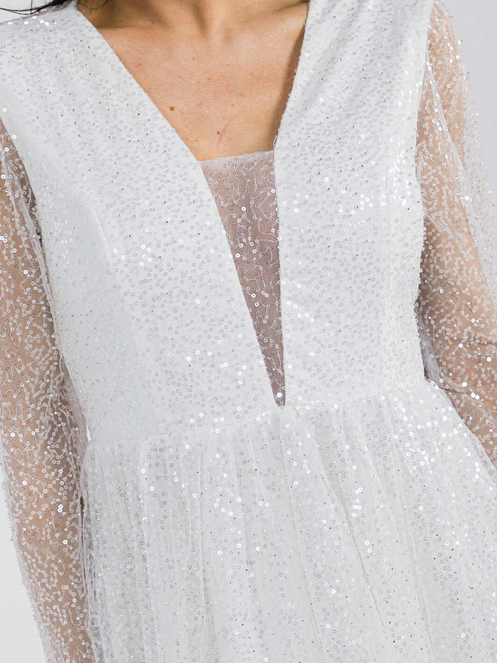 WOMEN'S LONG SLEEVE V-NECK MESH SEQUINS MAXI DRESS