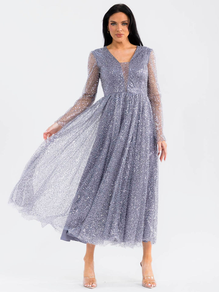 WOMEN'S LONG SLEEVE V-NECK MESH SEQUINS MAXI DRESS