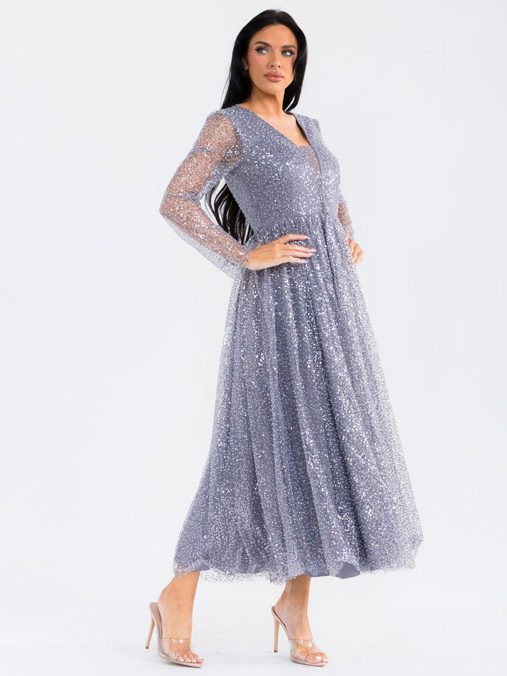 WOMEN'S LONG SLEEVE V-NECK MESH SEQUINS MAXI DRESS