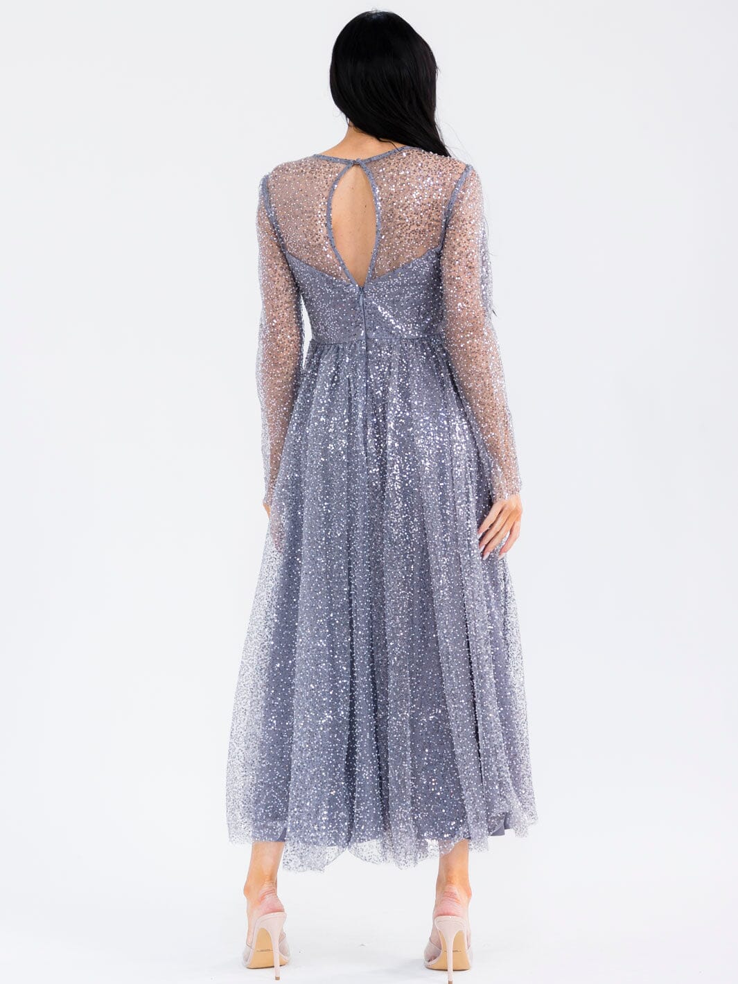WOMEN'S LONG SLEEVE V-NECK MESH SEQUINS MAXI DRESS