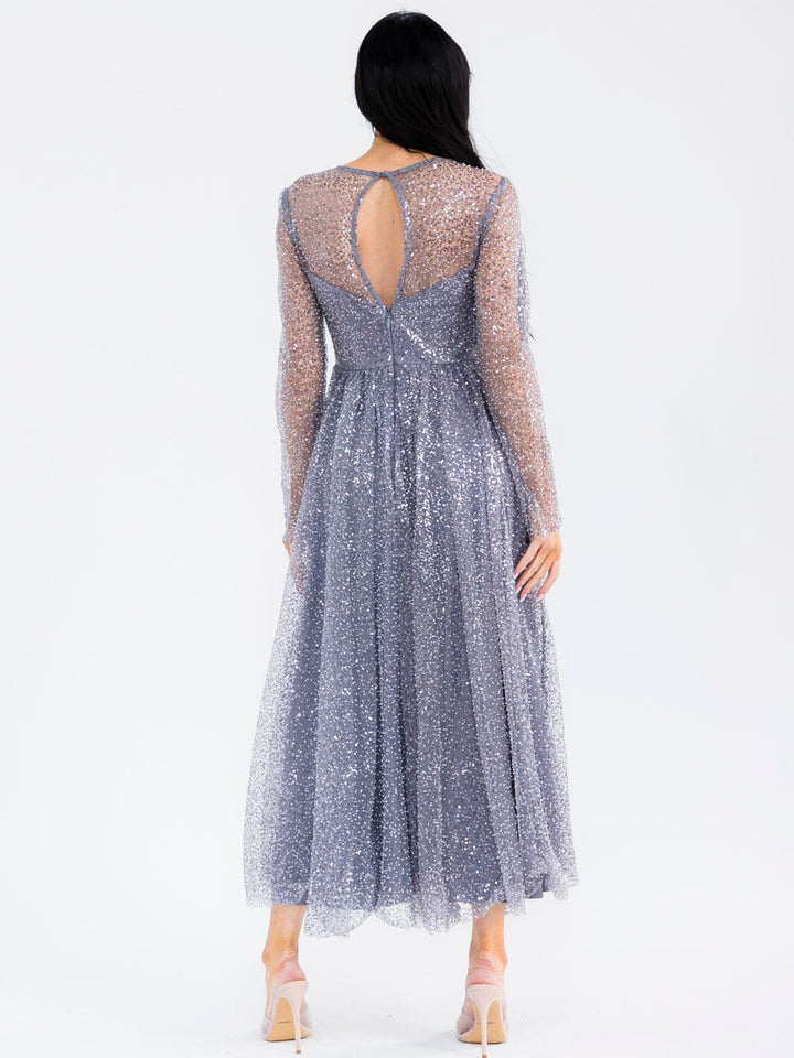 WOMEN'S LONG SLEEVE V-NECK MESH SEQUINS MAXI DRESS