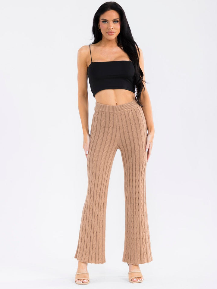 WOMEN'S ELASTIC WAIST CABLE KNIT RIBBED WIDE LEG PANTS