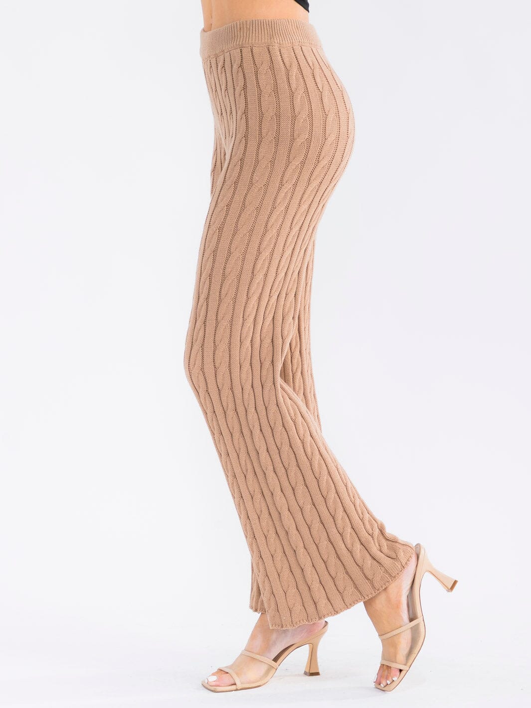 WOMEN'S ELASTIC WAIST CABLE KNIT RIBBED WIDE LEG PANTS
