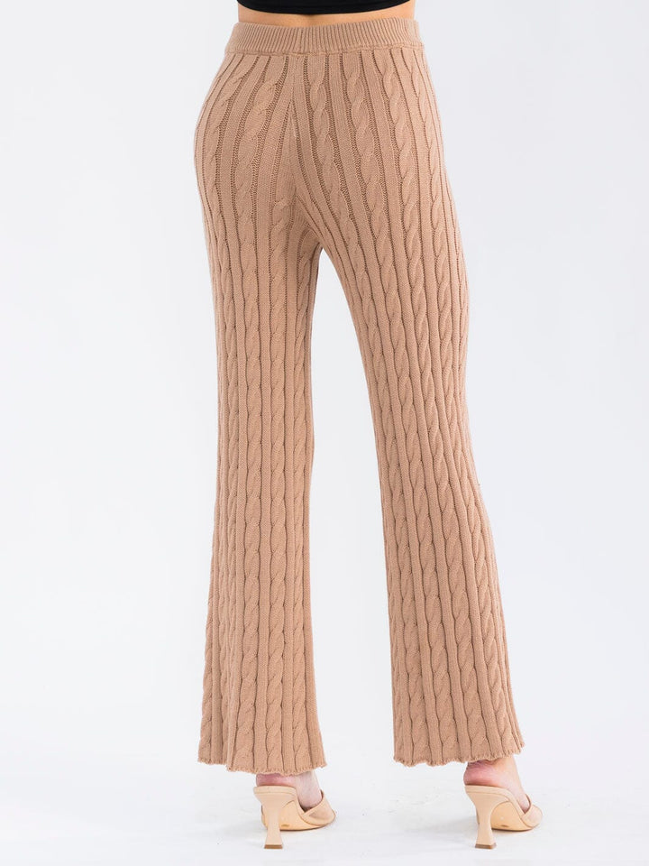 WOMEN'S ELASTIC WAIST CABLE KNIT RIBBED WIDE LEG PANTS